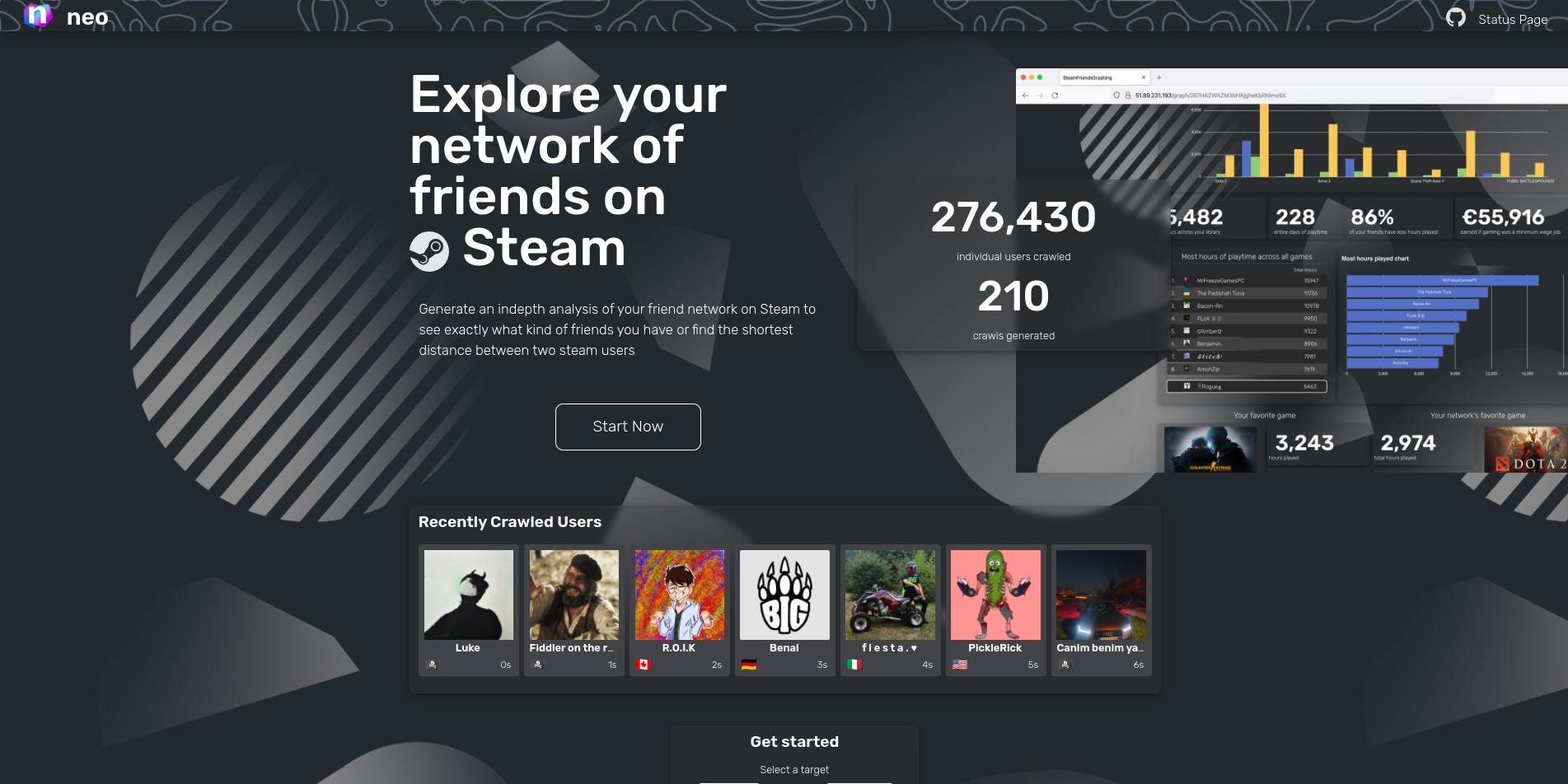 screenshot of the landing page of neo